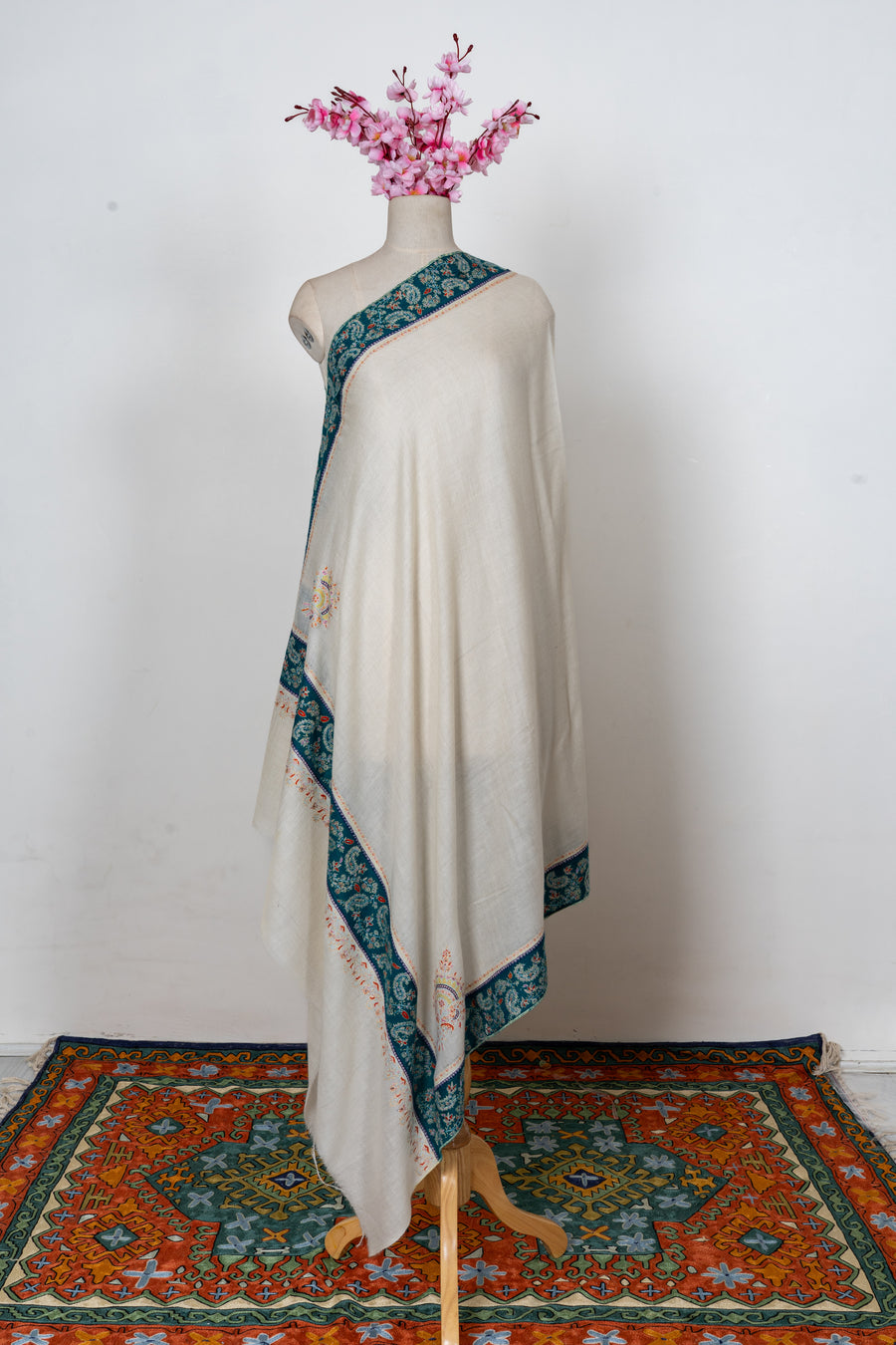 Ivory Teal Heritage Border: Pure Pashmina Hand Embroidered Shawl