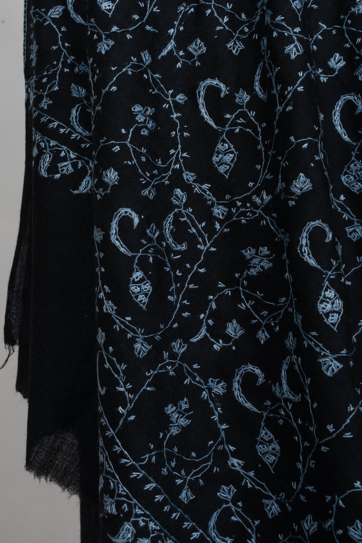Midnight Blue Floral Trail: Merino Wool Hand Embroidered 2.5 Yards Shawl