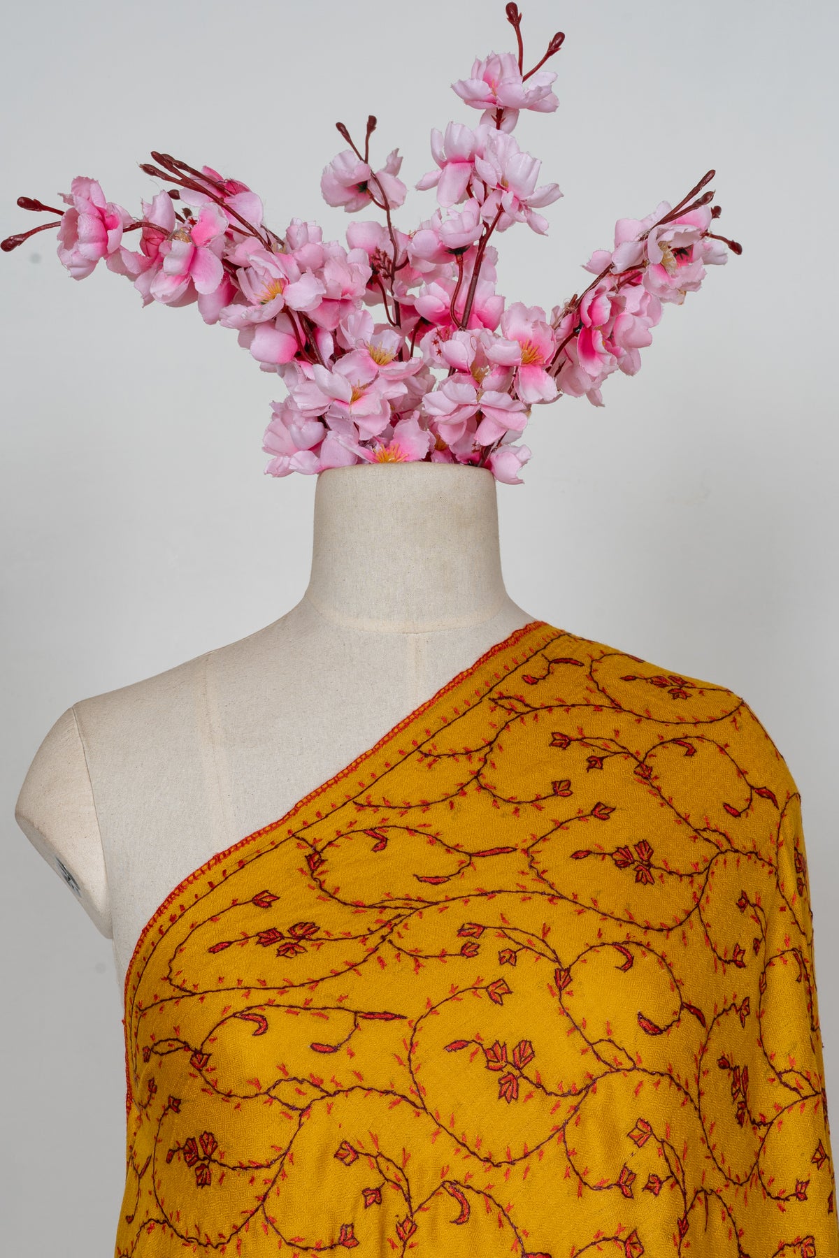 Saffron Vine Radiance: Merino Wool Hand Embroidered 2.5 Yards Shawl