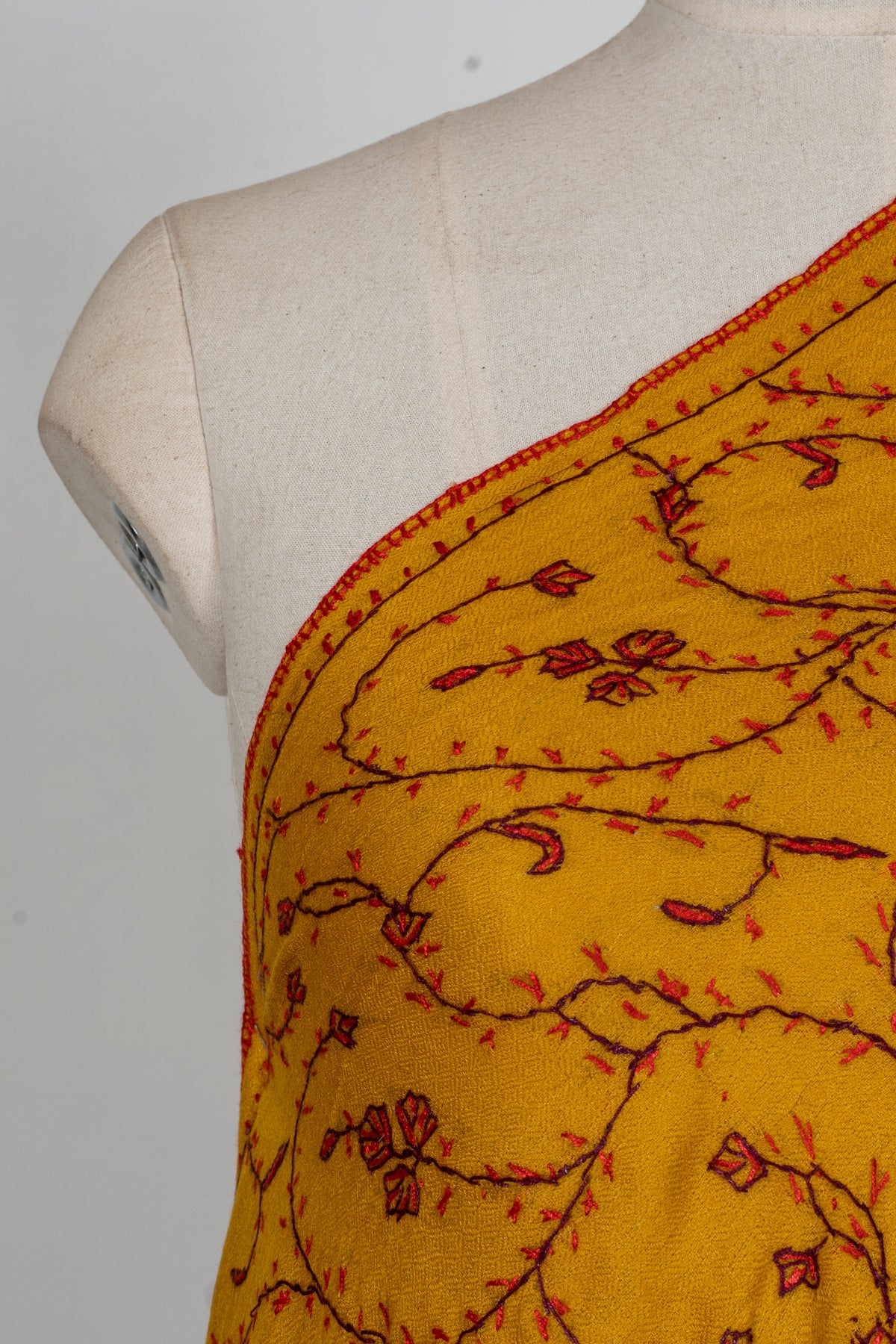 Saffron Vine Radiance: Merino Wool Hand Embroidered 2.5 Yards Shawl