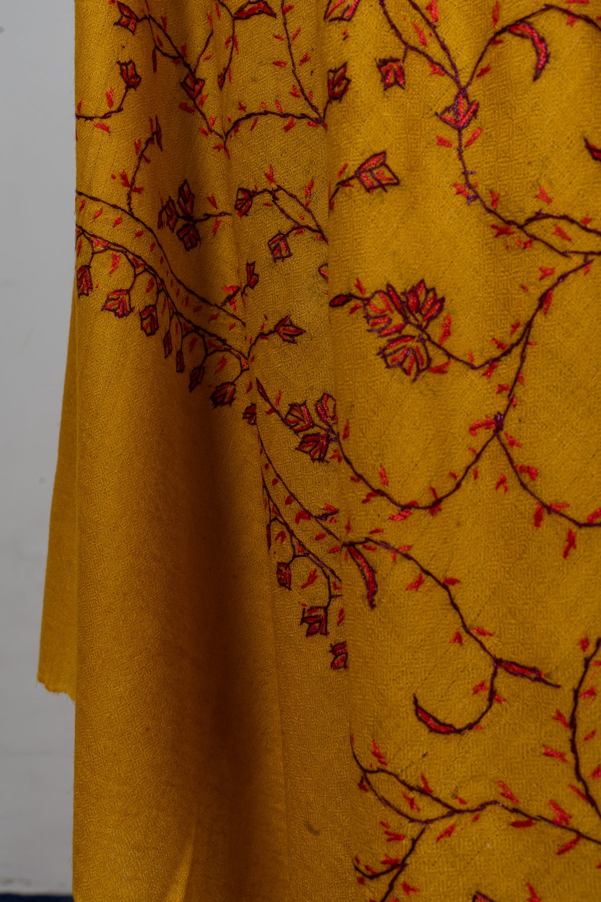 Saffron Vine Radiance: Merino Wool Hand Embroidered 2.5 Yards Shawl