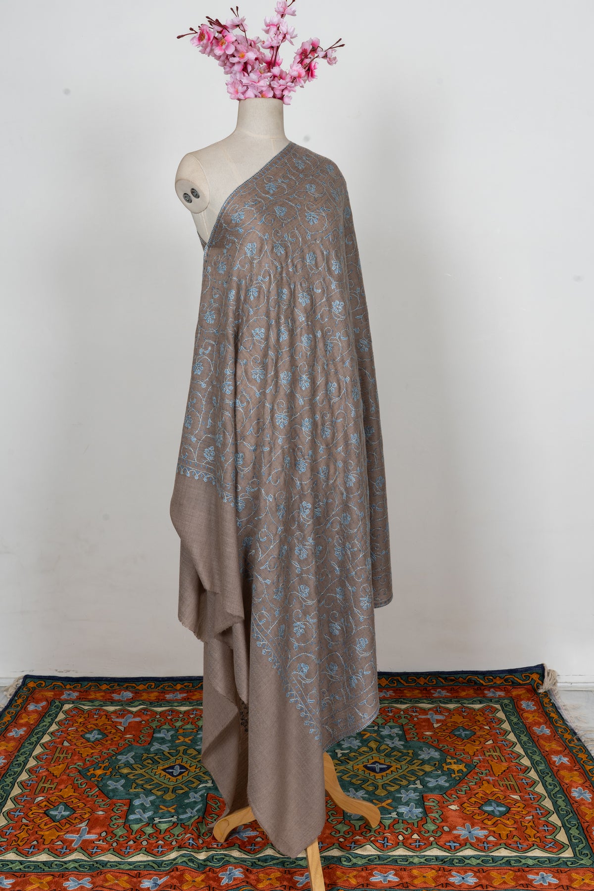 Taupe Azure Floral Trail: Merino Wool Hand Embroidered 2.5 Yards Shawl