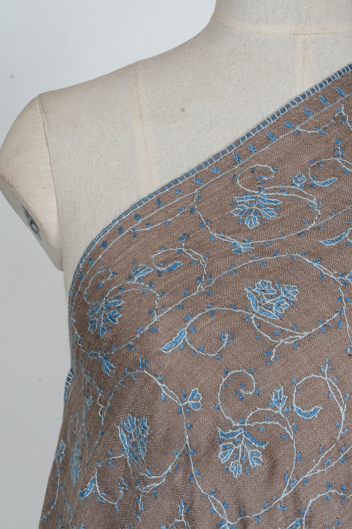 Taupe Azure Floral Trail: Merino Wool Hand Embroidered 2.5 Yards Shawl