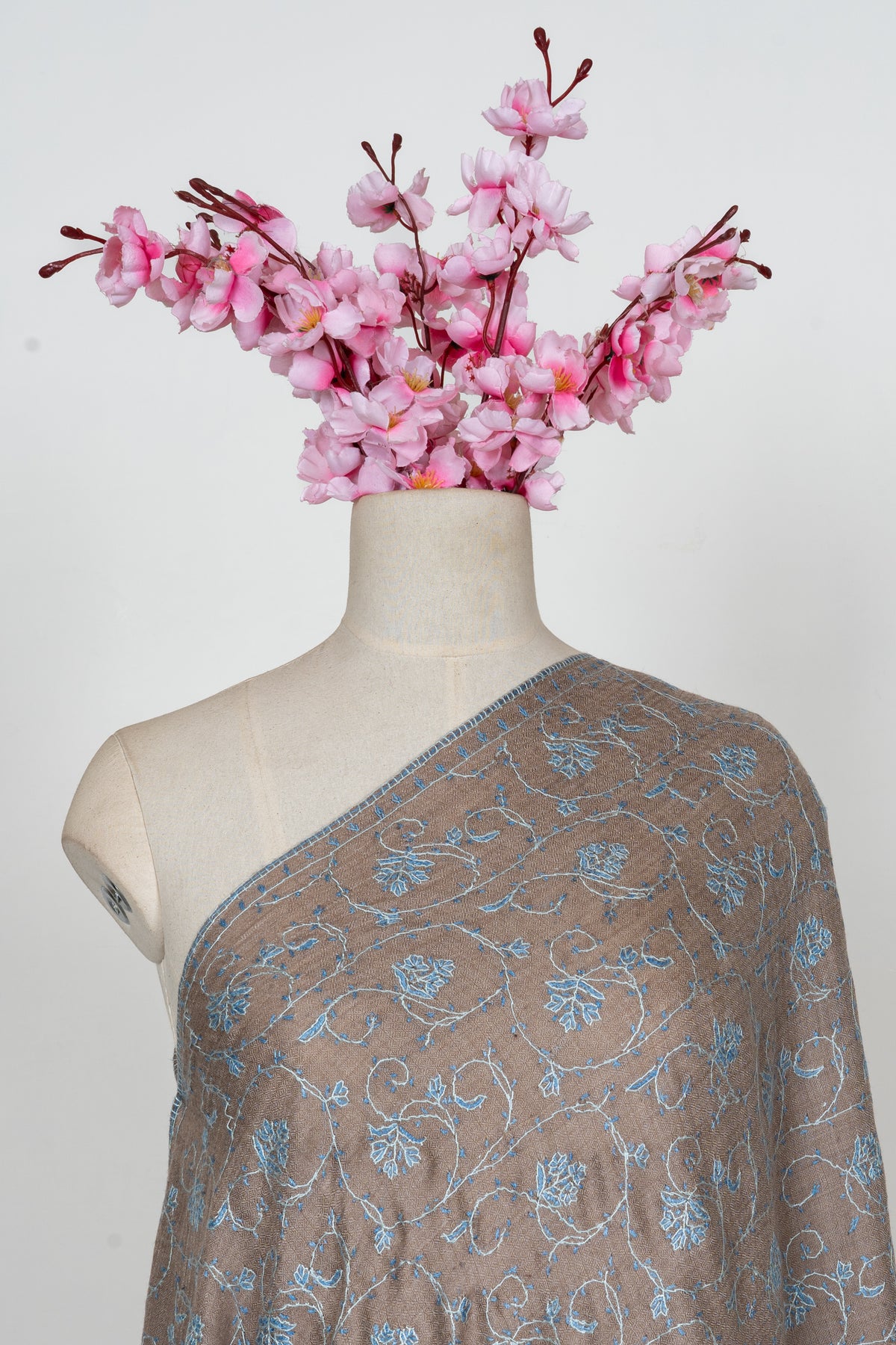 Taupe Azure Floral Trail: Merino Wool Hand Embroidered 2.5 Yards Shawl