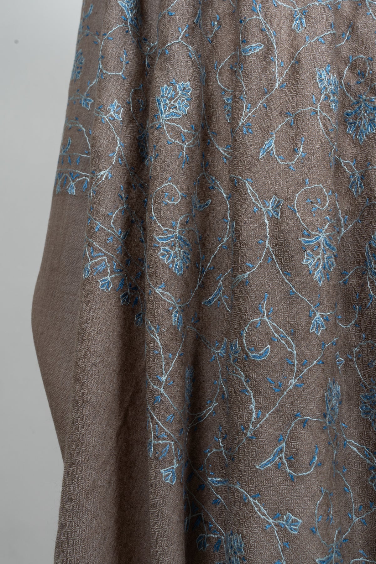 Taupe Azure Floral Trail: Merino Wool Hand Embroidered 2.5 Yards Shawl