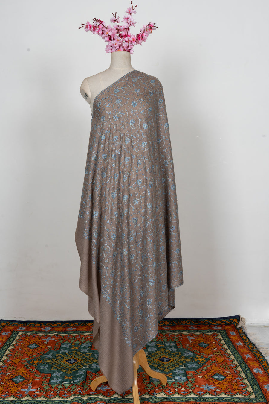 Taupe Azure Floral Trail: Merino Wool Hand Embroidered 2.5 Yards Shawl