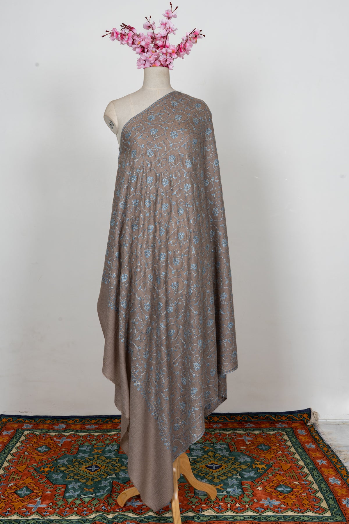 Taupe Azure Floral Trail: Merino Wool Hand Embroidered 2.5 Yards Shawl