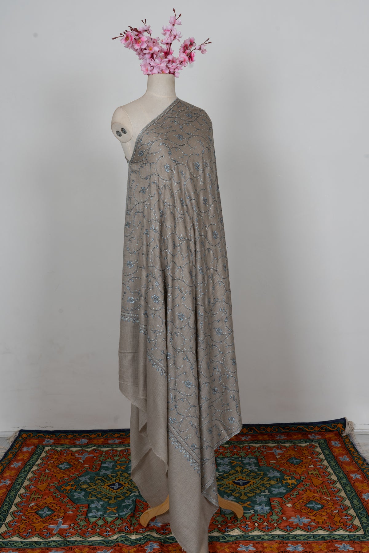 Ash Blue Floral Symphony: Merino Wool Hand Embroidered 2.5 Yards Shawl