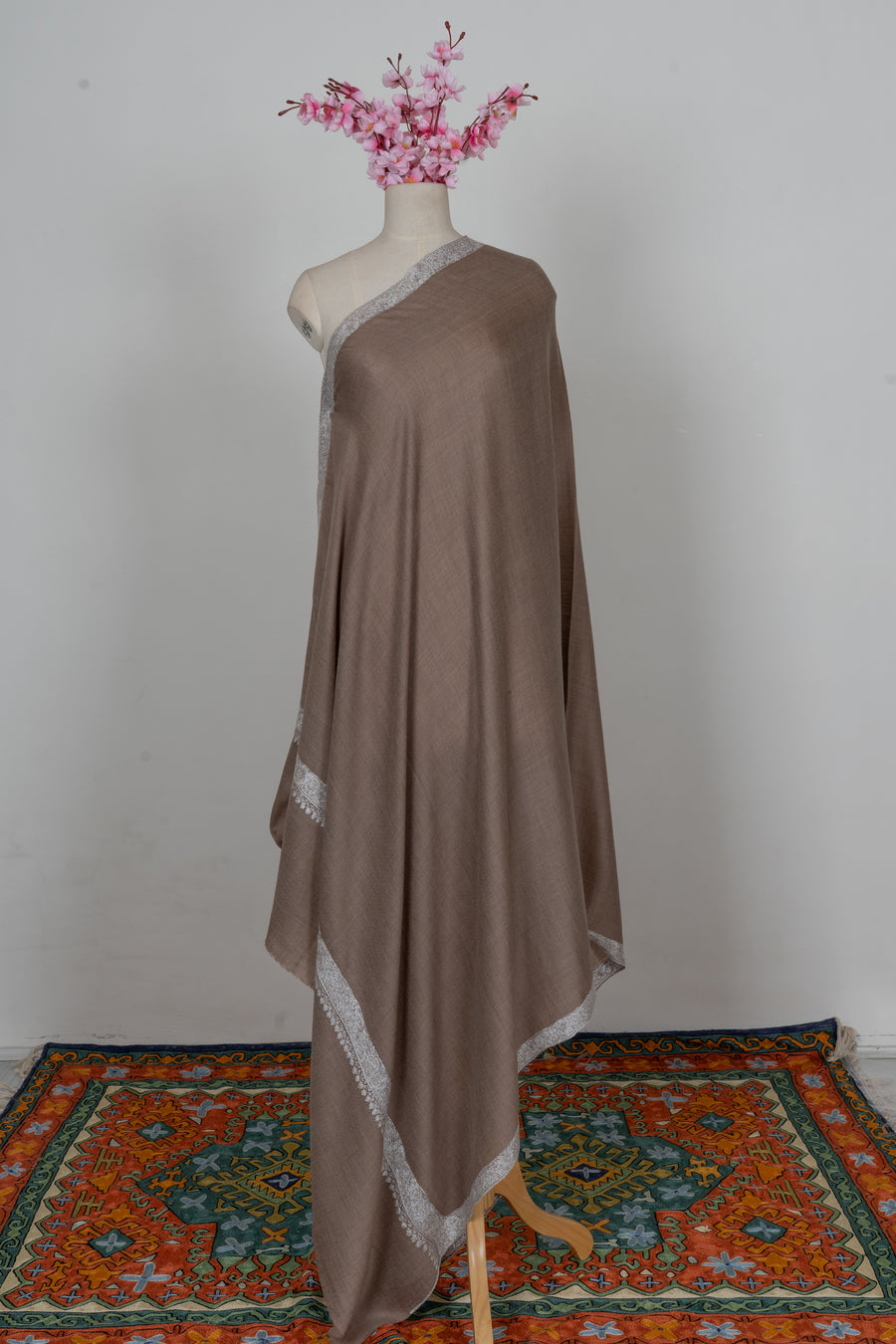 Walnut Silver Minimal Edge: Merino Wool Hand Embroidered 2.5 Yards Shawl