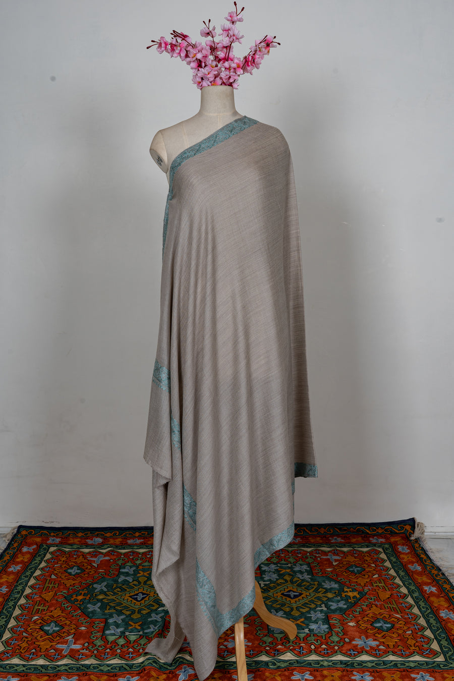 Sand Taupe Mint Edge: Merino Wool Hand Embroidered 2.5 Yards Shawl