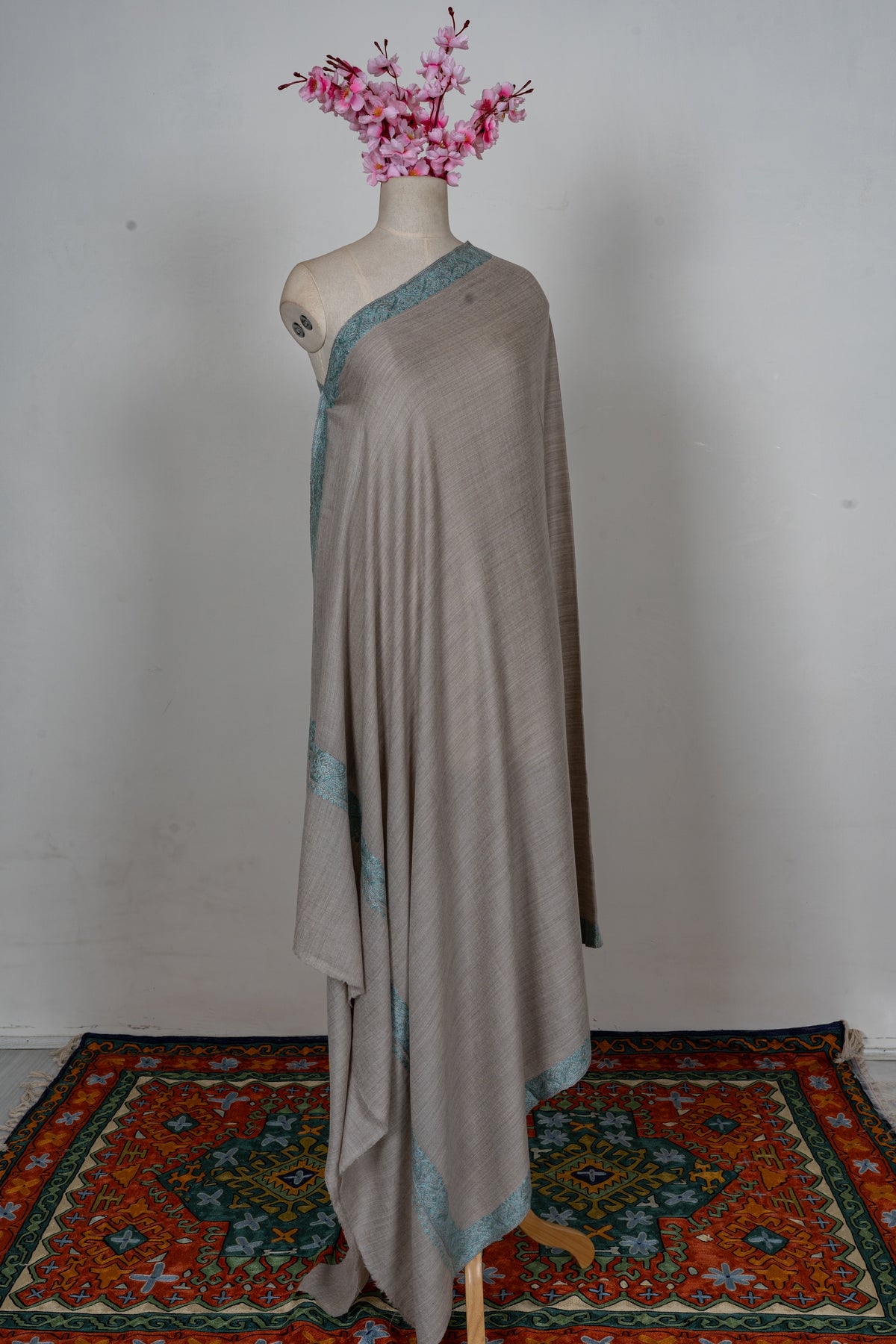 Sand Taupe Mint Edge: Merino Wool Hand Embroidered 2.5 Yards Shawl
