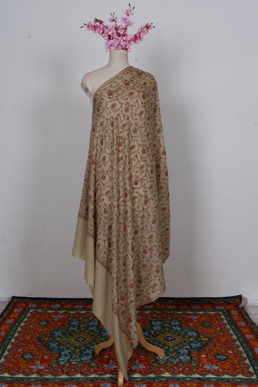 Cream Crimson Floral Lattice: Merino Wool Hand Embroidered 2.5 Yards Shawl