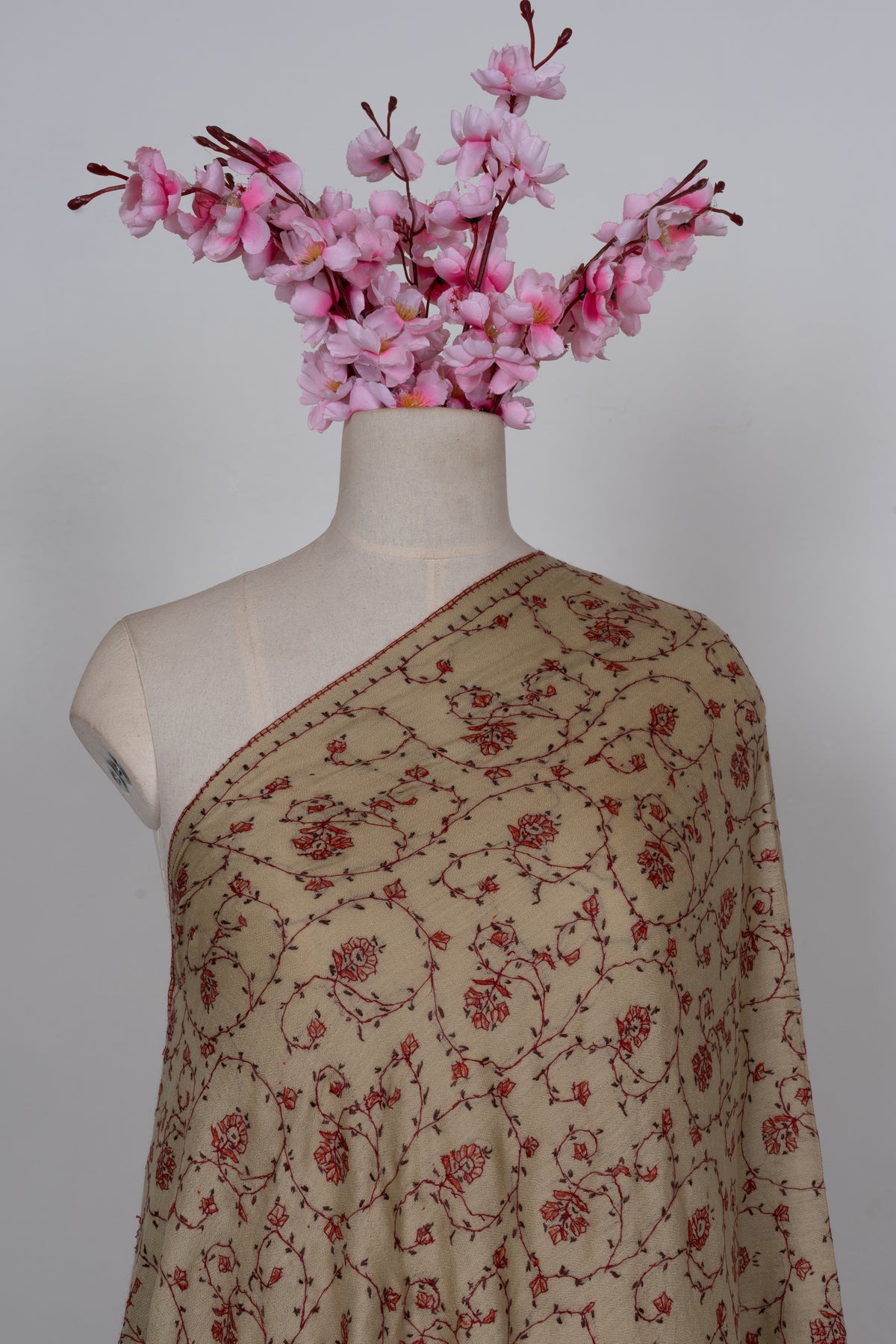 Cream Crimson Floral Lattice: Merino Wool Hand Embroidered