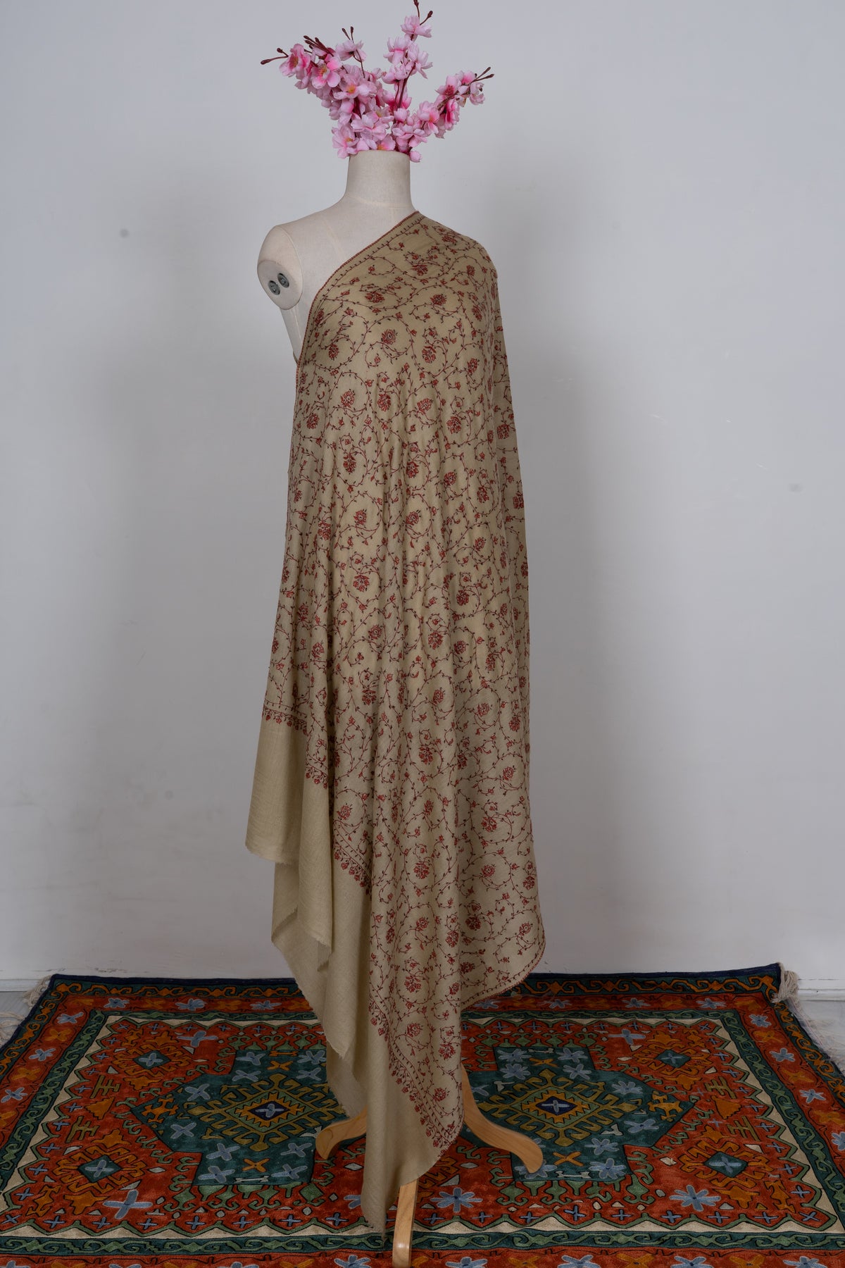 Cream Crimson Floral Lattice: Merino Wool Hand Embroidered