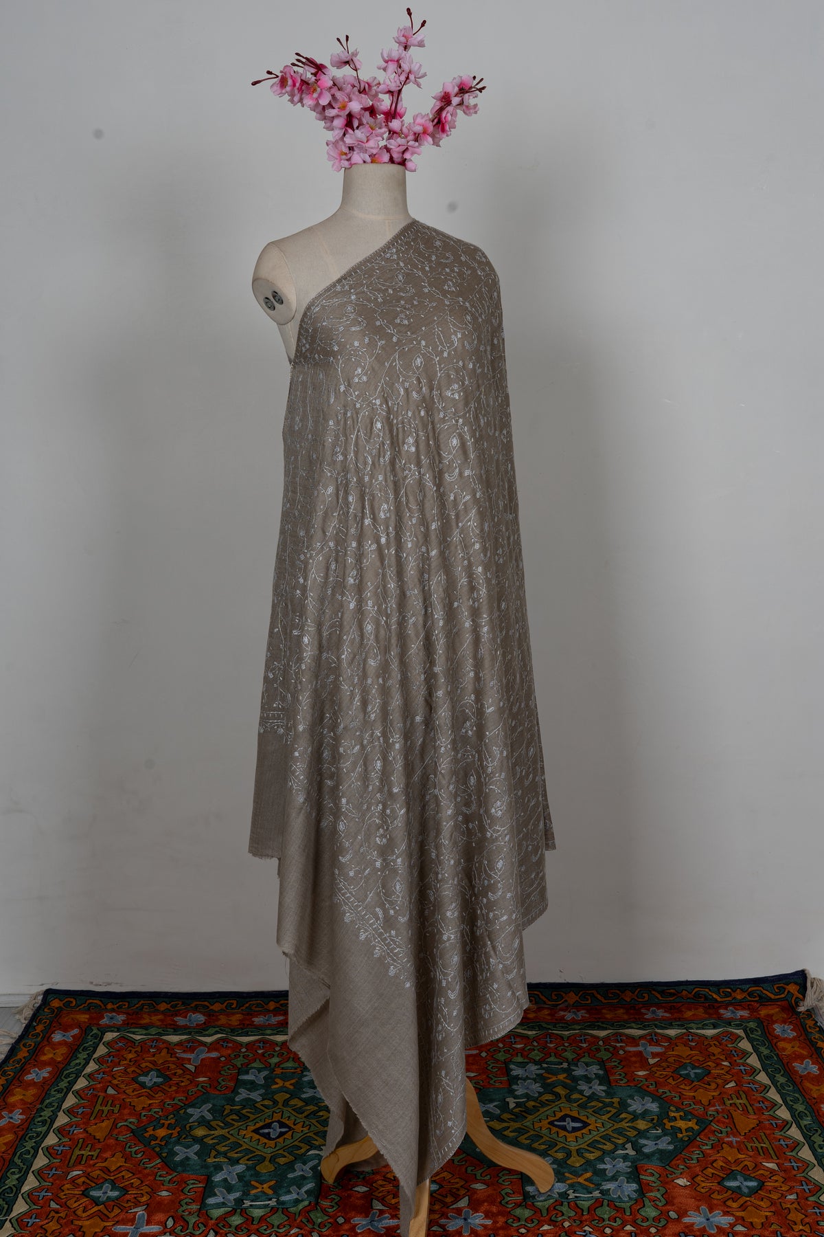 Taupe Ivory Floral Mist: Merino Wool Hand Embroidered 2.5 Yards Shawl