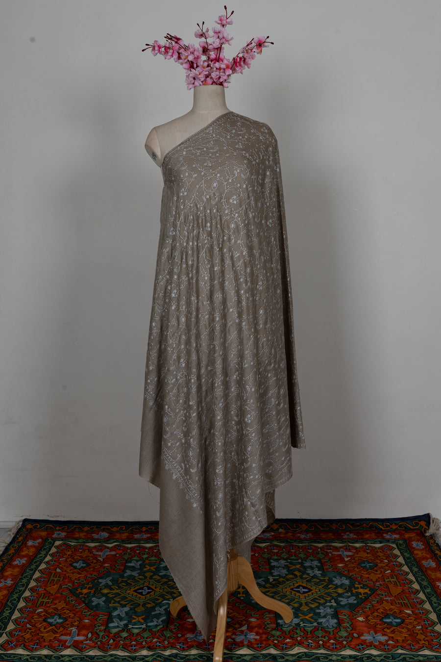 Taupe Ivory Floral Mist: Merino Wool Hand Embroidered 2.5 Yards Shawl