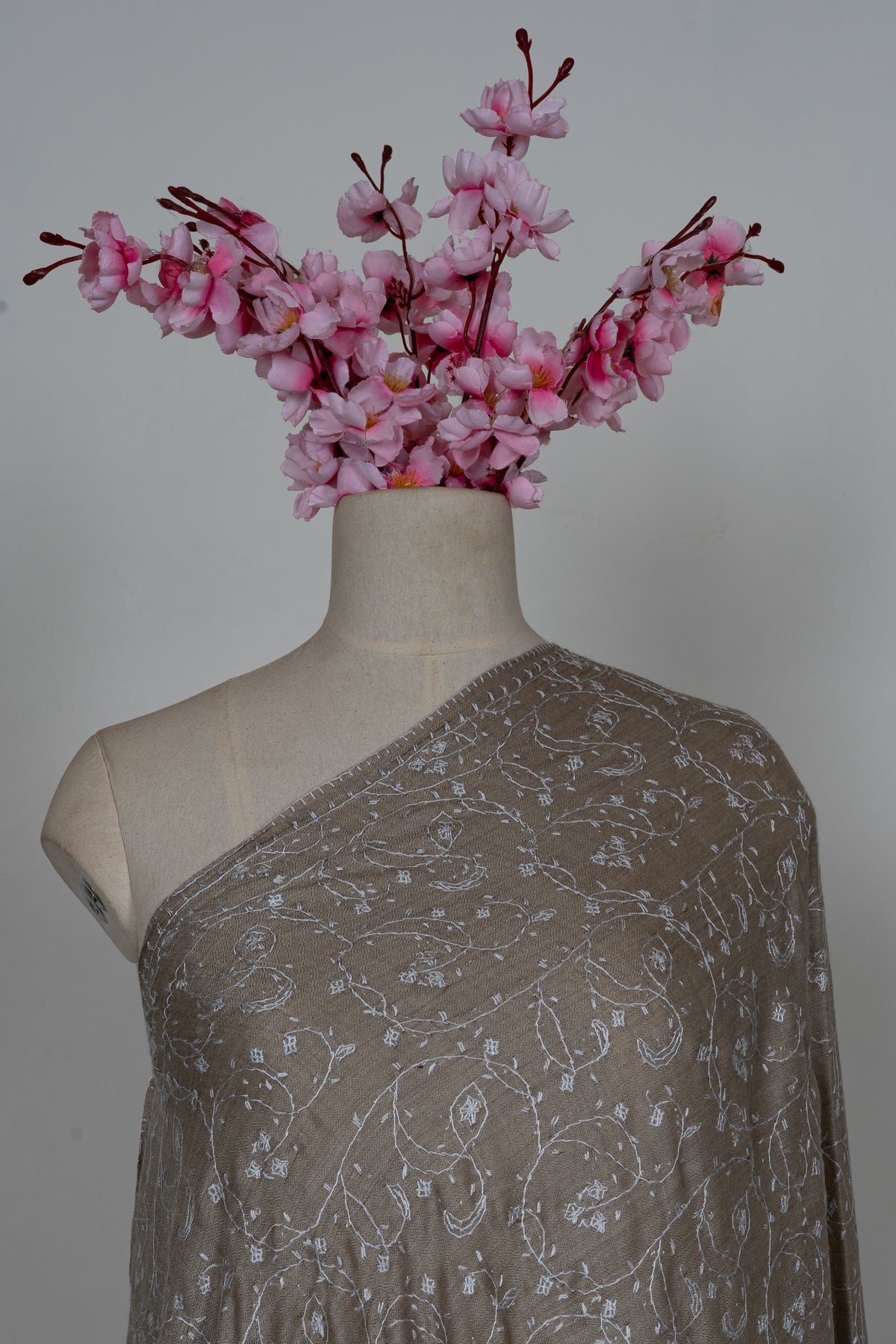 Taupe Ivory Floral Mist: Merino Wool Hand Embroidered 2.5 Yards Shawl