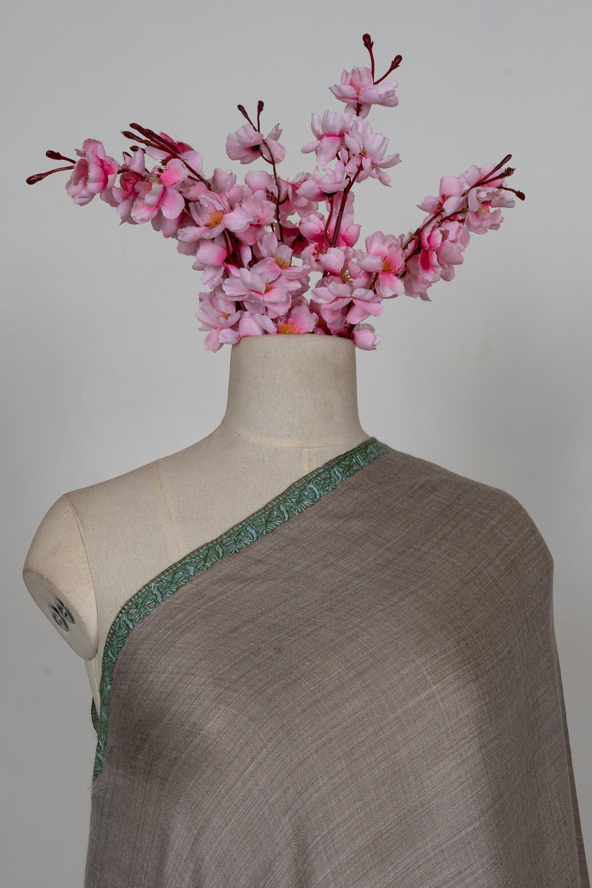 Stone Teal Minimal Edge: Merino Wool Hand Embroidered 2.5 Yards Shawl