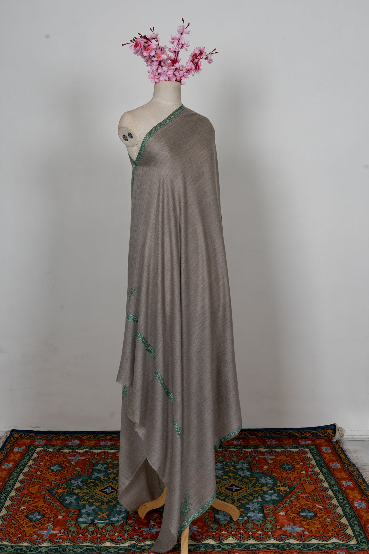 Stone Teal Minimal Edge: Merino Wool Hand Embroidered 2.5 Yards Shawl