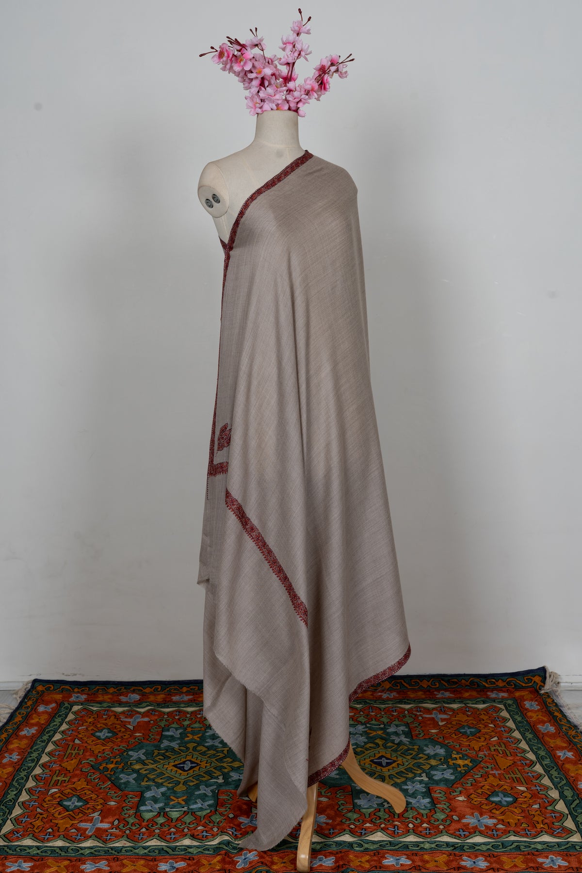 Sand Rust Borderline Grace: Merino Wool Hand Embroidered 2.5 Yards Shawl