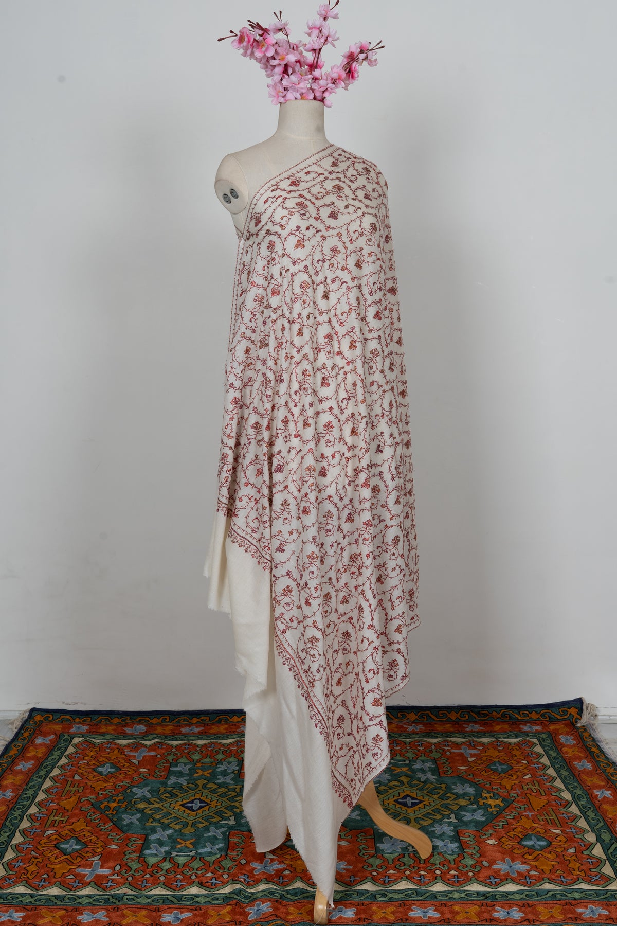 Ivory Rouge Floral Mesh: Merino Wool Hand Embroidered 2.5 Yards Shawl