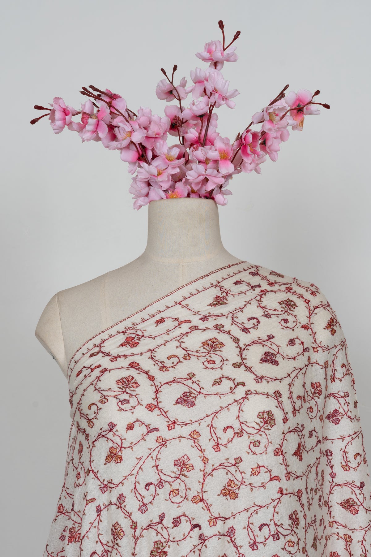 Ivory Rouge Floral Mesh: Merino Wool Hand Embroidered 2.5 Yards Shawl