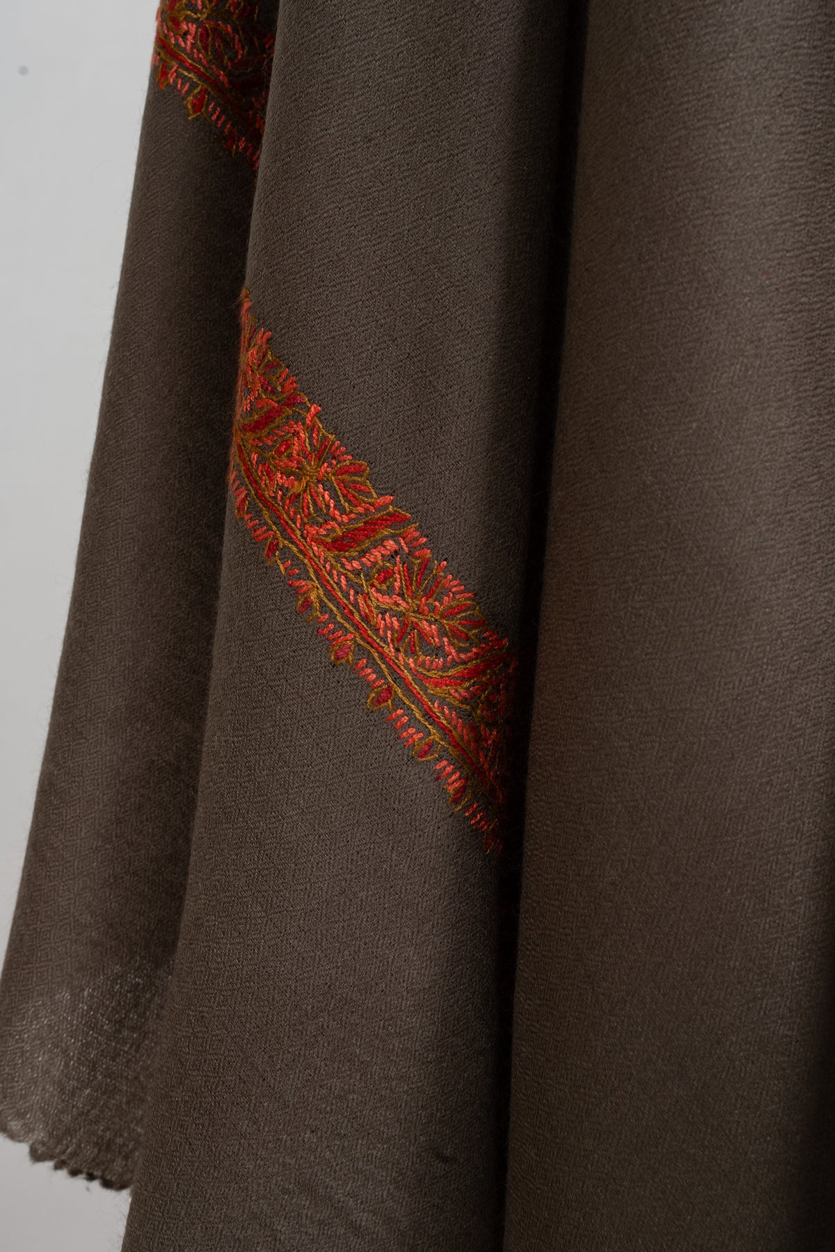 Mocha Ember Minimal Edge: Merino Wool Hand Embroidered 2.5 Yards Shawl