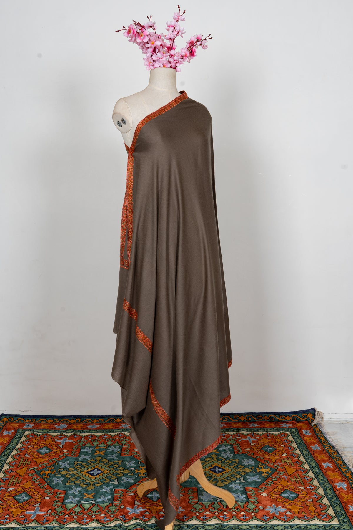 Mocha Ember Minimal Edge: Merino Wool Hand Embroidered 2.5 Yards Shawl
