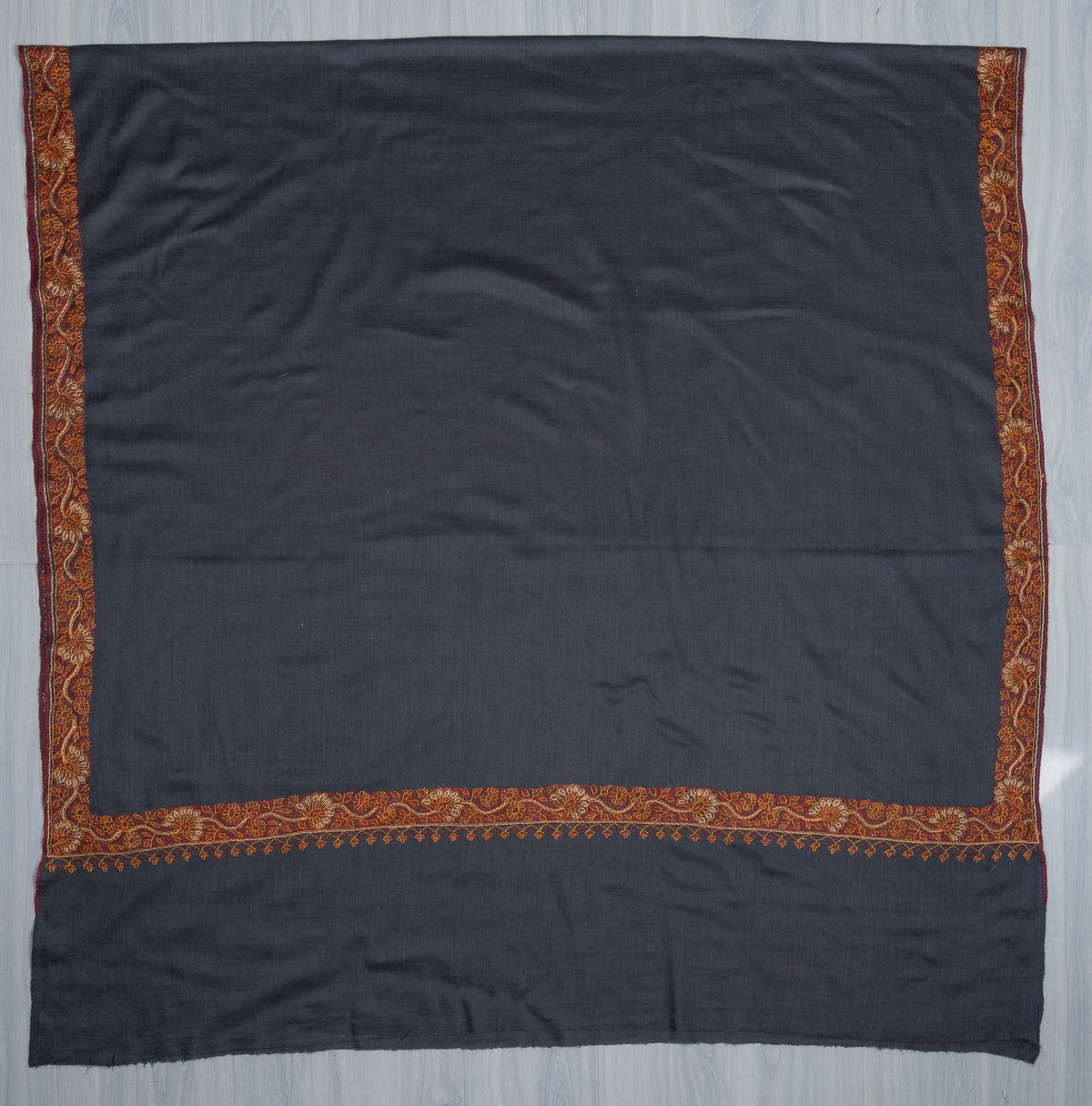 2.5 Yards Sozni Hand Embroidered Shawl in Deep Teal Floral Border