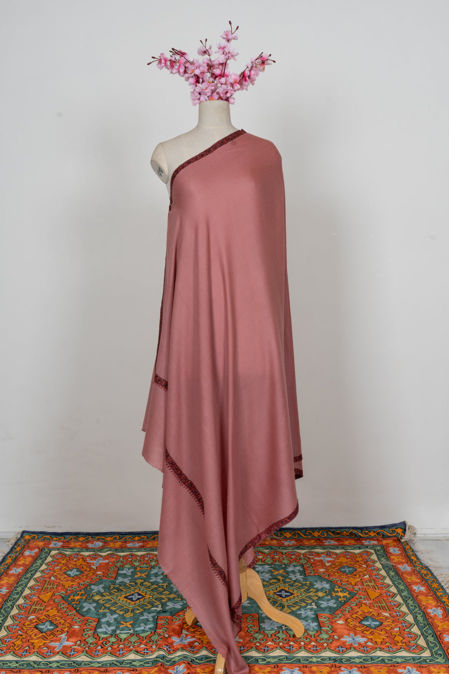 Rosewood Blush: Merino Wool Hand Embroidered 2.5 Yards Shawl