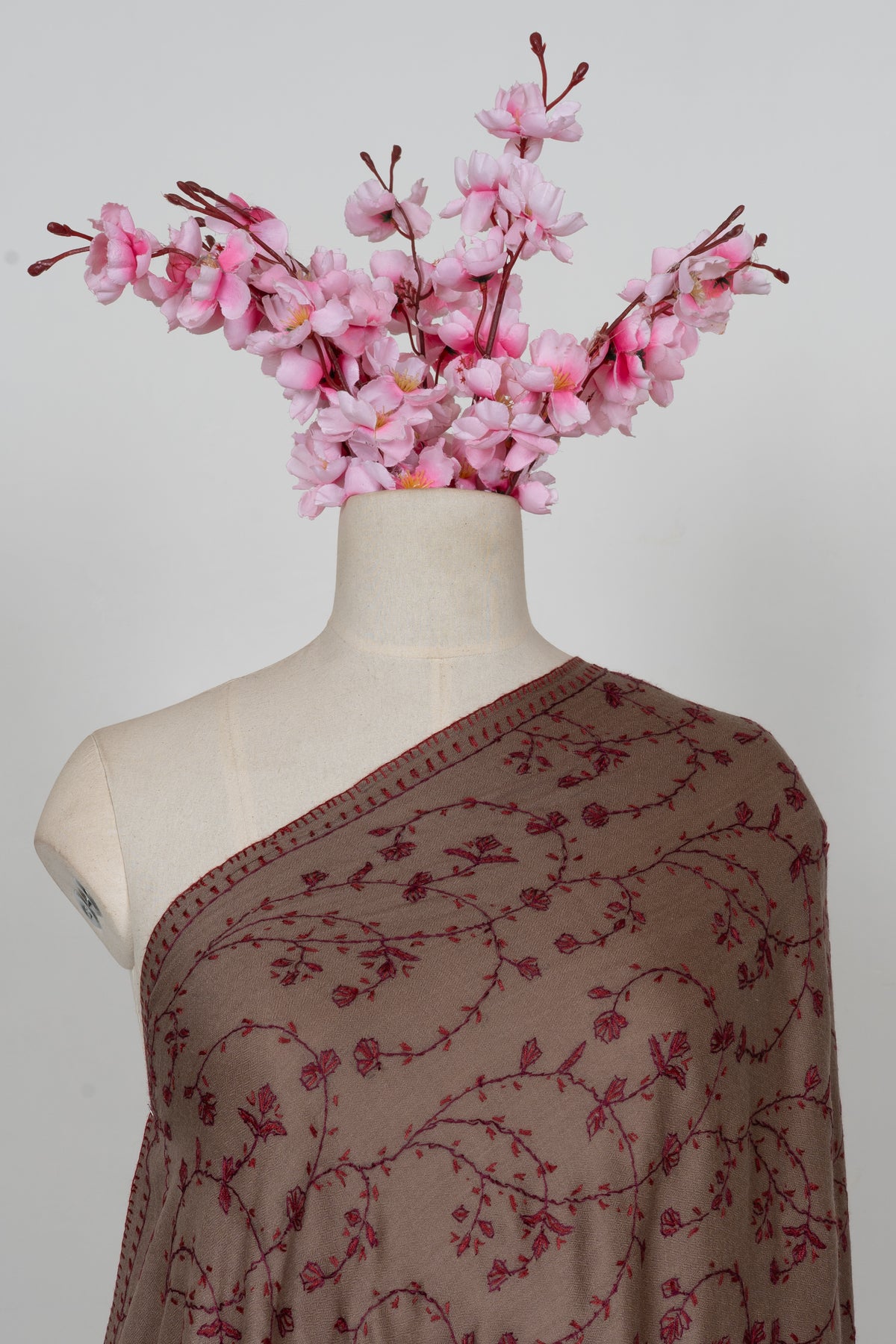 Cocoa Wine Floral Veil: Merino Wool Hand Embroidered 2.5 Yards Shawl