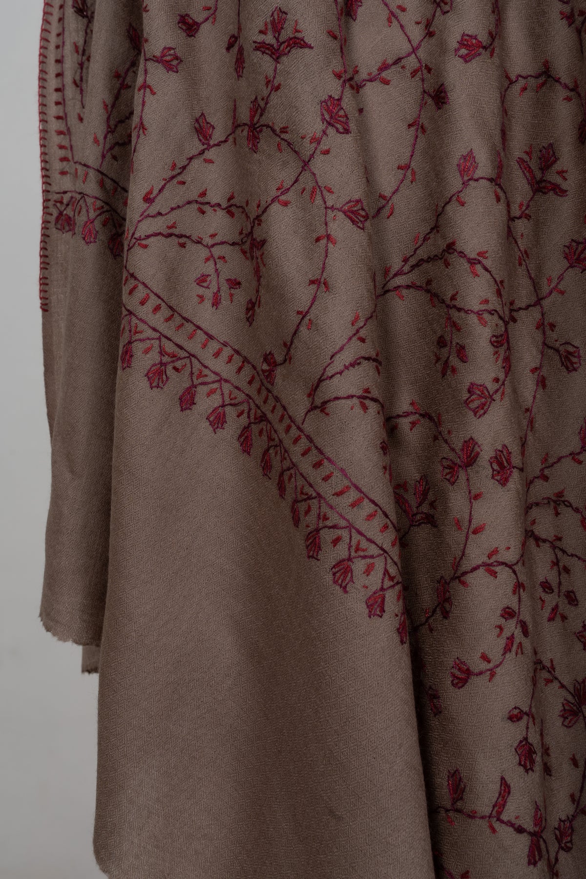 Cocoa Wine Floral Veil: Merino Wool Hand Embroidered 2.5 Yards Shawl