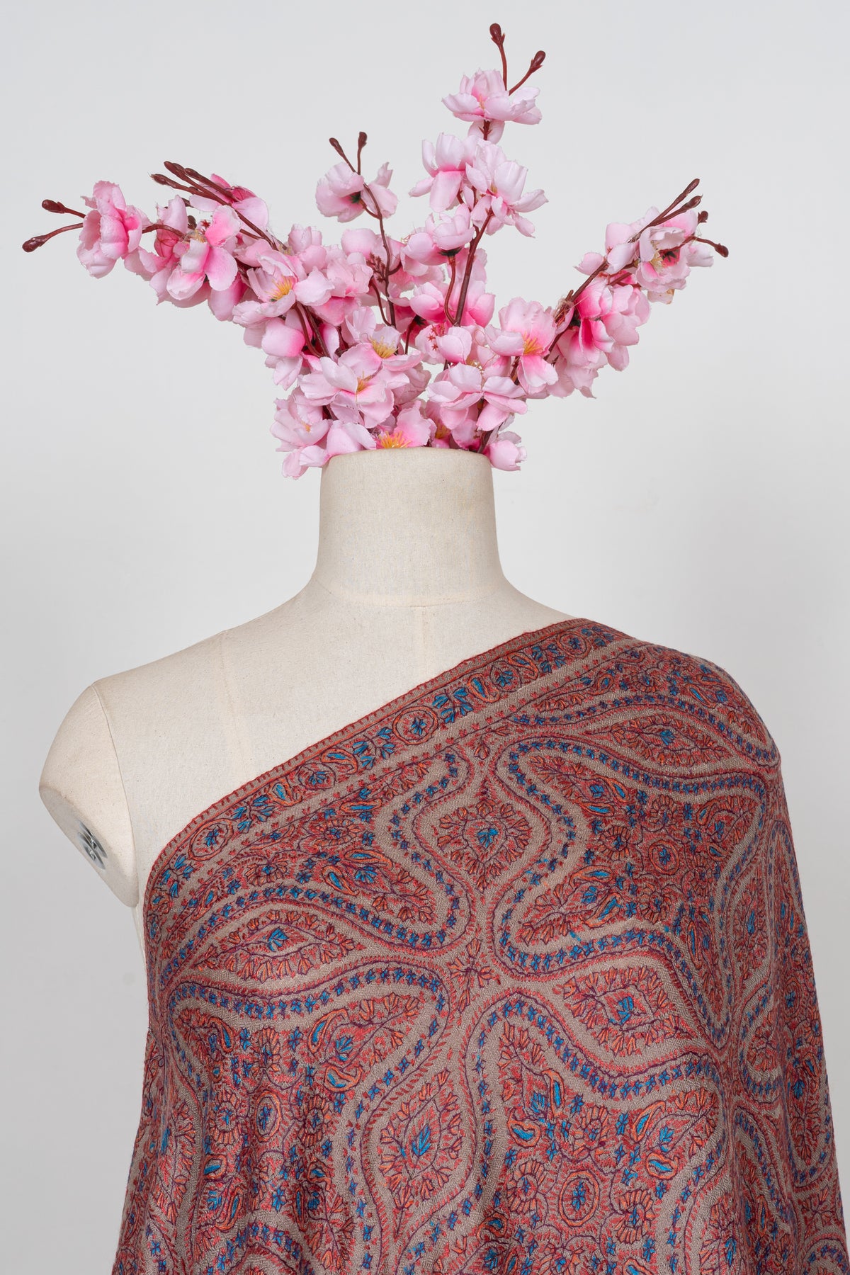 Dusty Rose Paisley Heritage: Merino Wool Hand Embroidered 2.5 Yards Jamawar Shawl