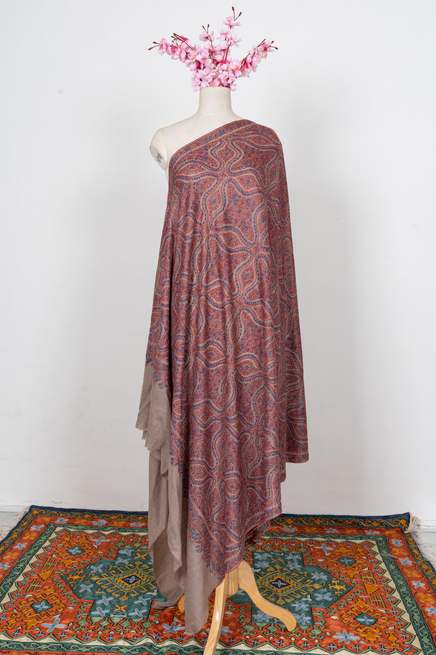 Dusty Rose Paisley Heritage: Merino Wool Hand Embroidered 2.5 Yards Jamawar Shawl