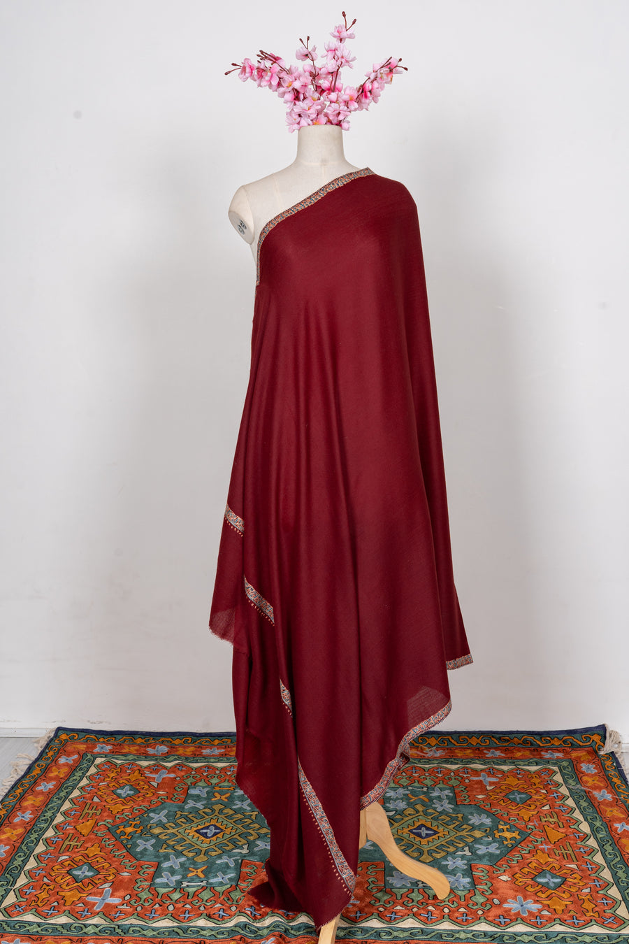 Deep Maroon Heritage Border: Merino Wool Hand Embroidered 2.5 Yards Shawl
