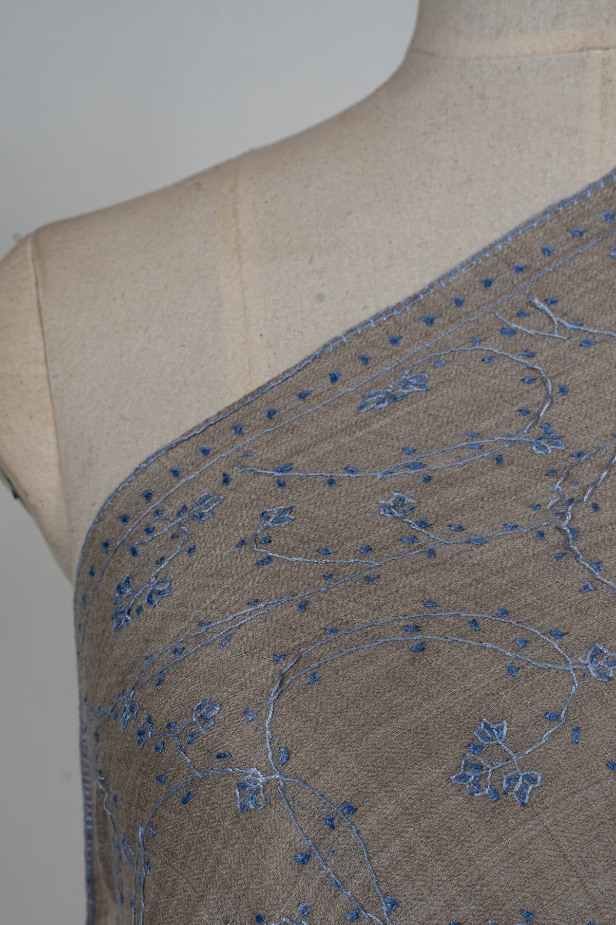 Ash Blue Floral Whisper: Merino Wool Hand Embroidered 2.5 Yards Shawl