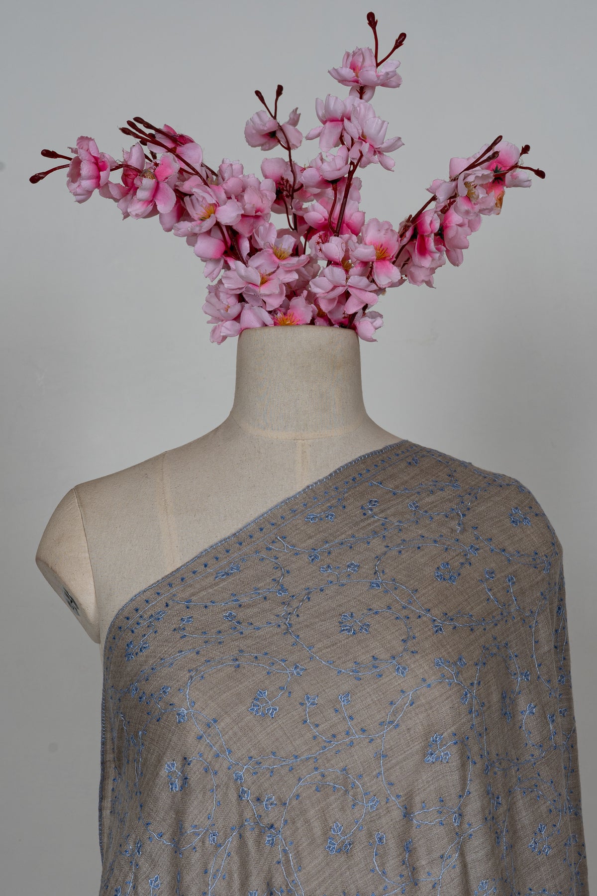 Ash Blue Floral Whisper: Merino Wool Hand Embroidered 2.5 Yards Shawl
