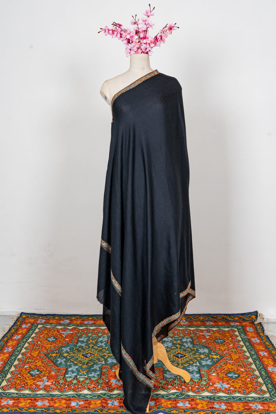 Midnight Black Regal Edge: Merino Wool Hand Embroidered 2.5 Yards Shawl