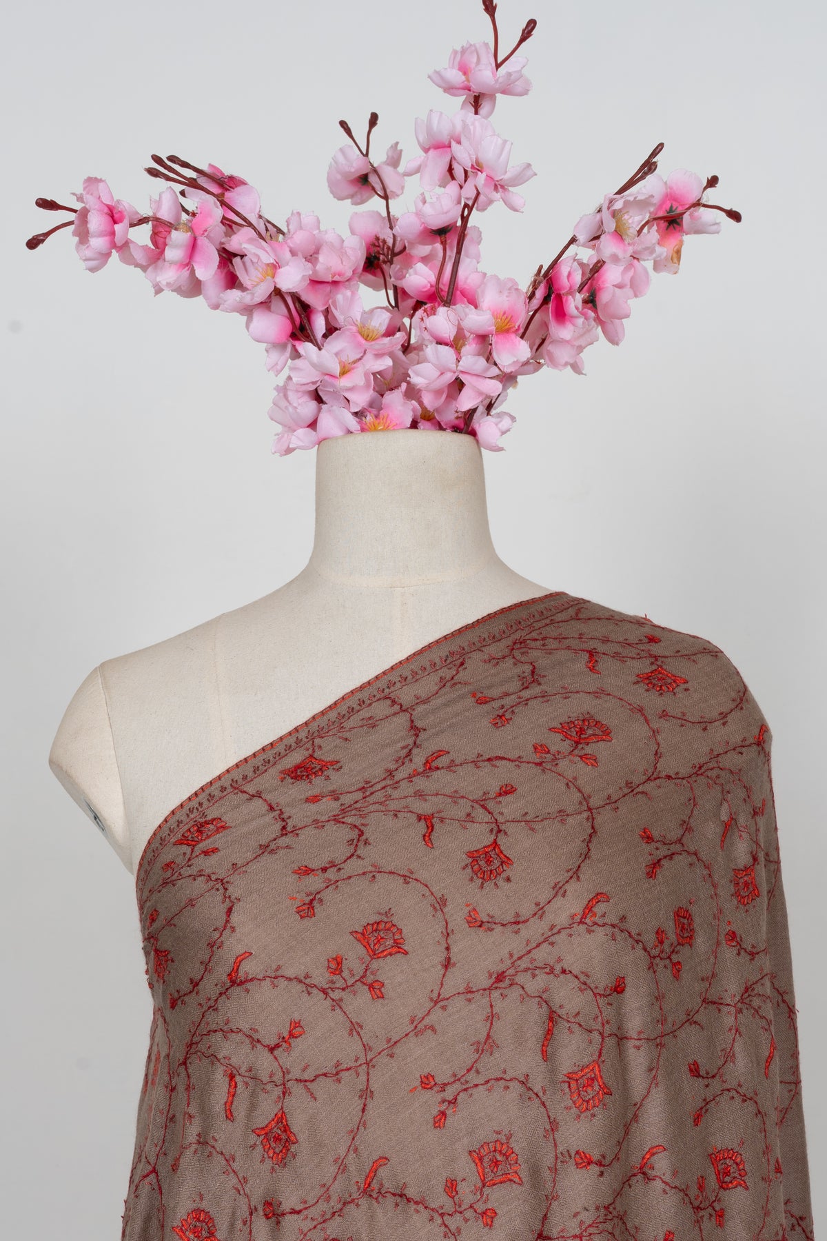 Taupe Crimson Floral Veil: Merino Wool Hand Embroidered 2.5 Yards Shawl