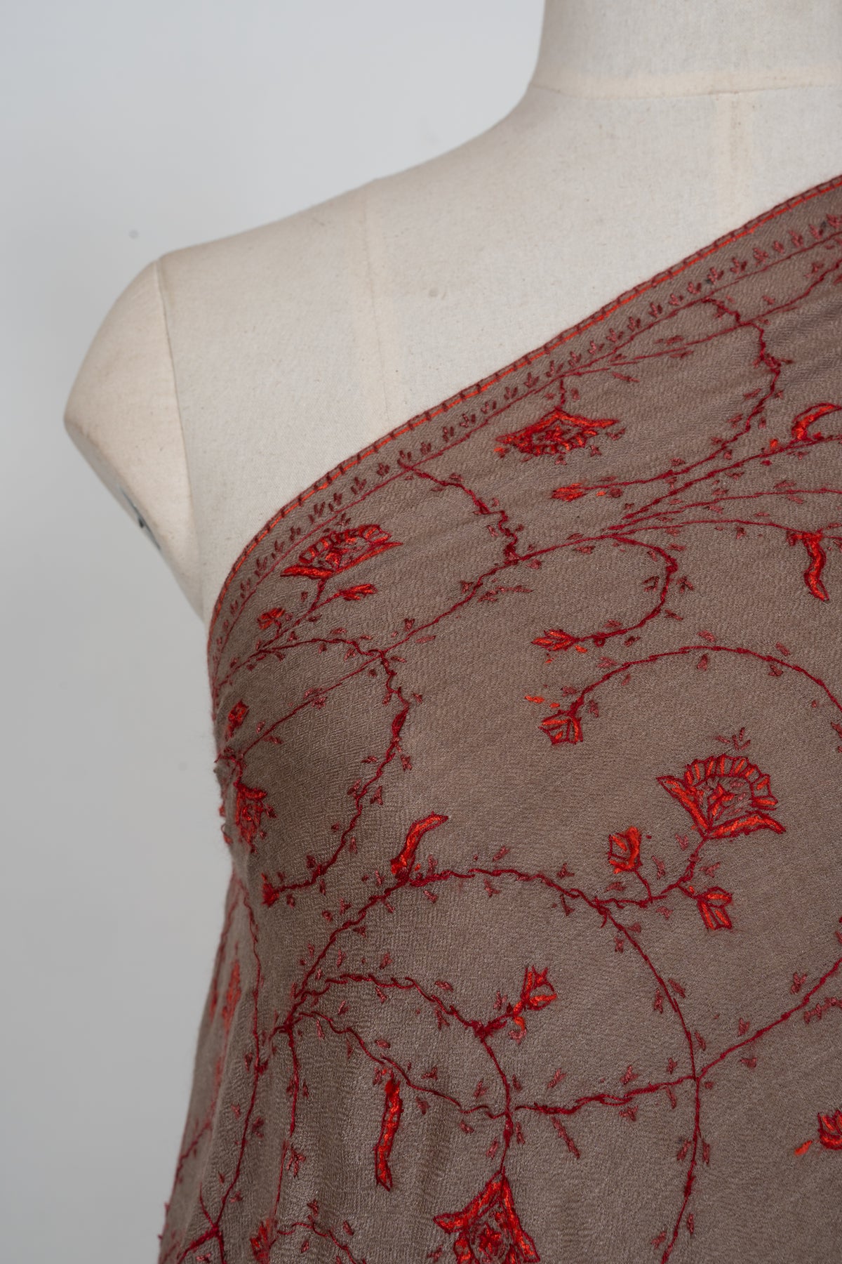 Taupe Crimson Floral Veil: Merino Wool Hand Embroidered 2.5 Yards Shawl