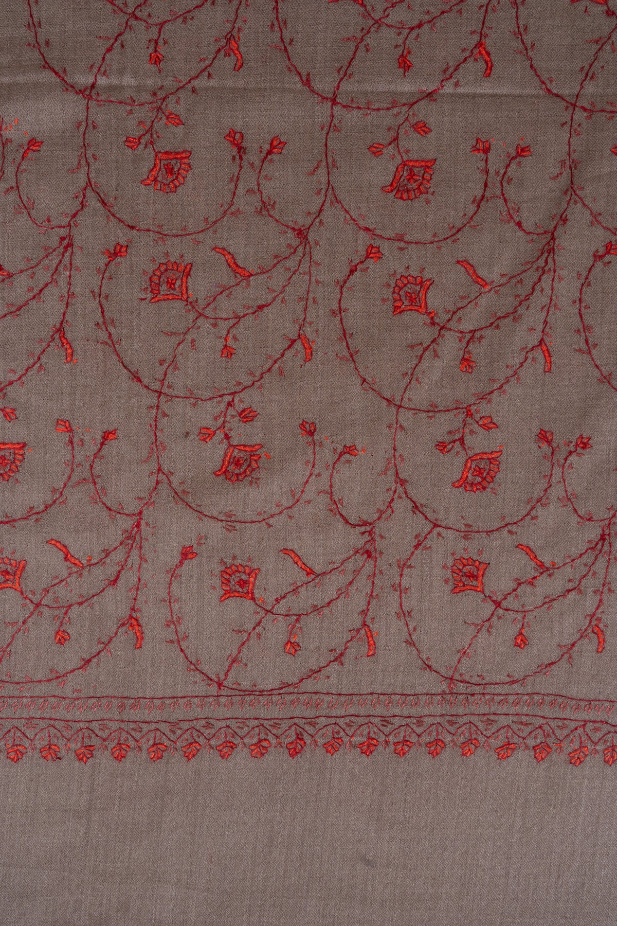 Taupe Crimson Floral Veil: Merino Wool Hand Embroidered 2.5 Yards Shawl