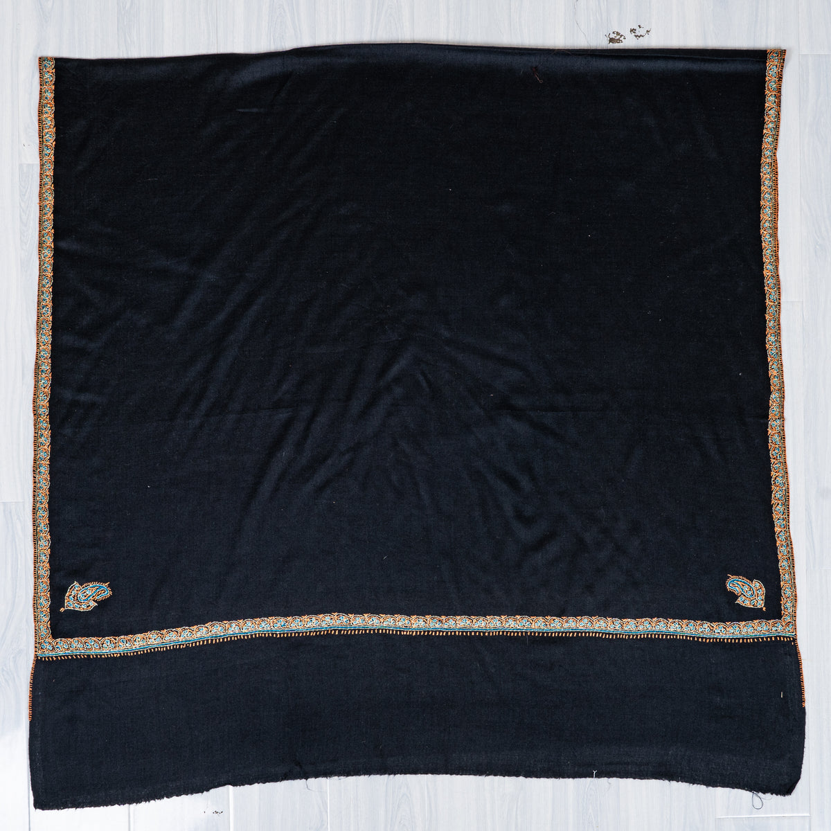 Midnight Black Regal Edge: Merino Wool Hand Embroidered 2.5 Yards Shawl