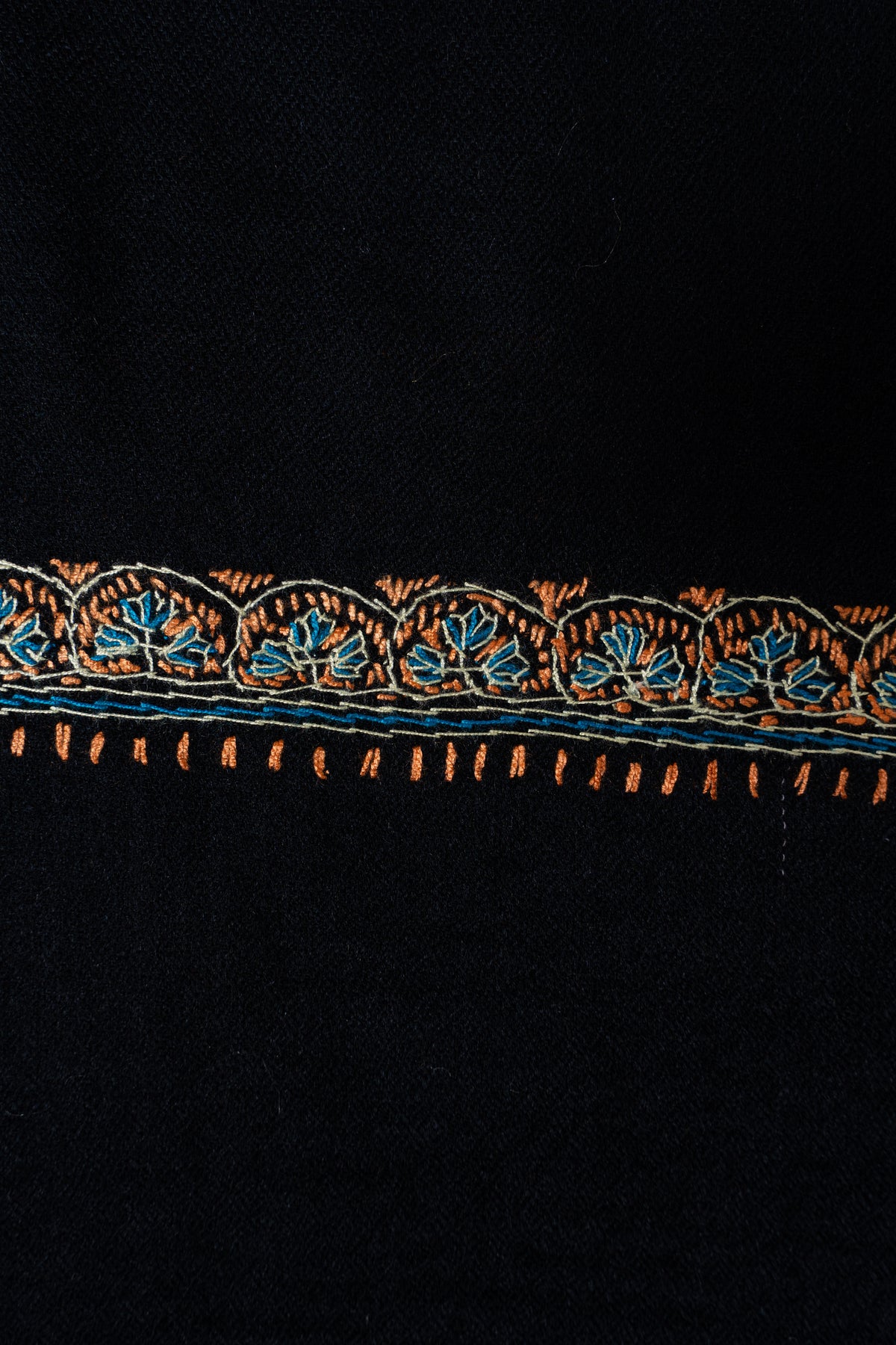 Midnight Black Regal Edge: Merino Wool Hand Embroidered 2.5 Yards Shawl