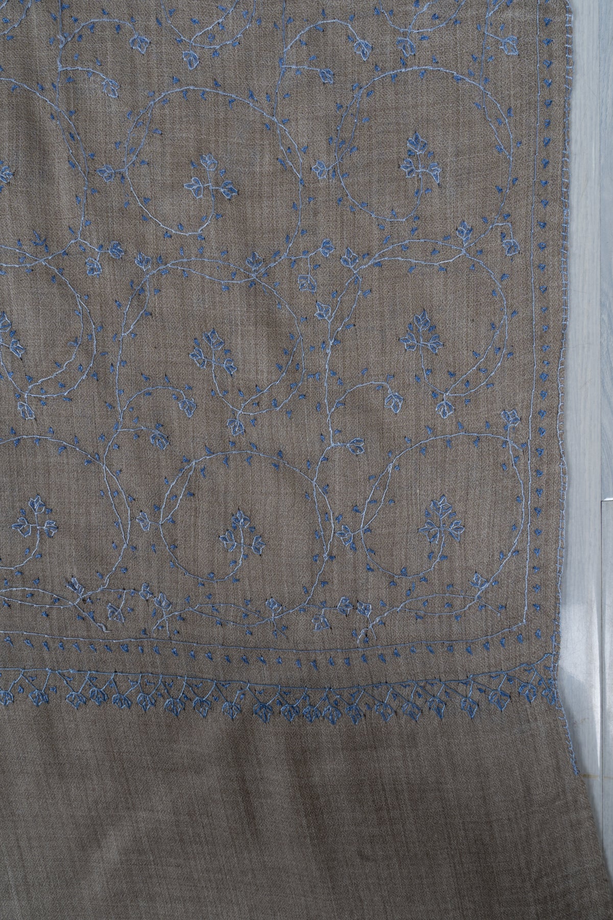 Ash Blue Floral Whisper: Merino Wool Hand Embroidered 2.5 Yards Shawl
