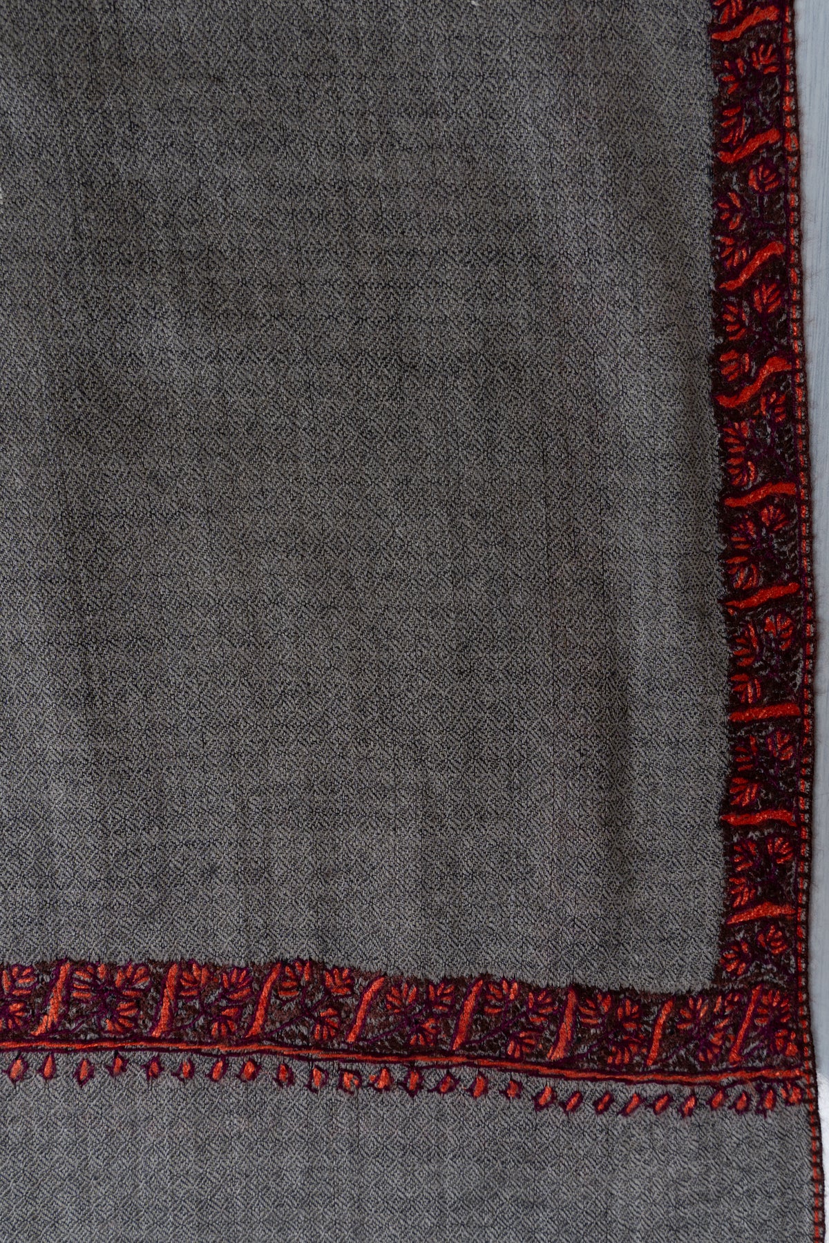 Steel Grey Crimson Edge: Merino Wool Hand Embroidered 2.5 Yards Shawl