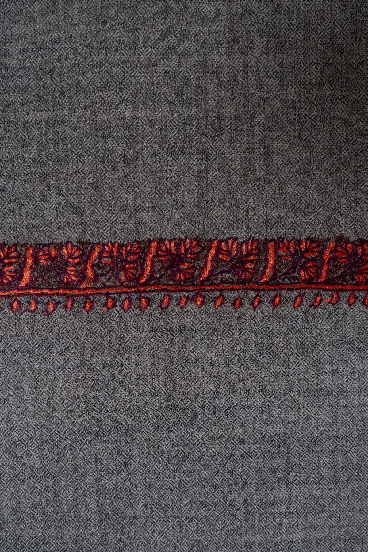 Steel Grey Crimson Edge: Merino Wool Hand Embroidered 2.5 Yards Shawl