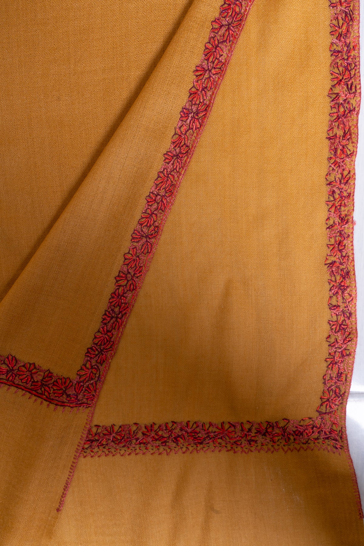 Mustard Minimal Border: Merino Wool Hand Embroidered 2.5 Yards Shawl