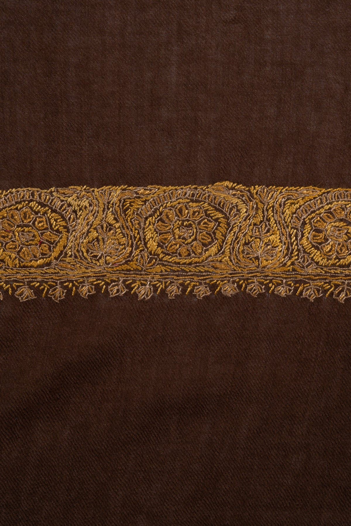 Close-up of golden floral medallions, small paisleys and leafy edging along an umber-brown rumal's border