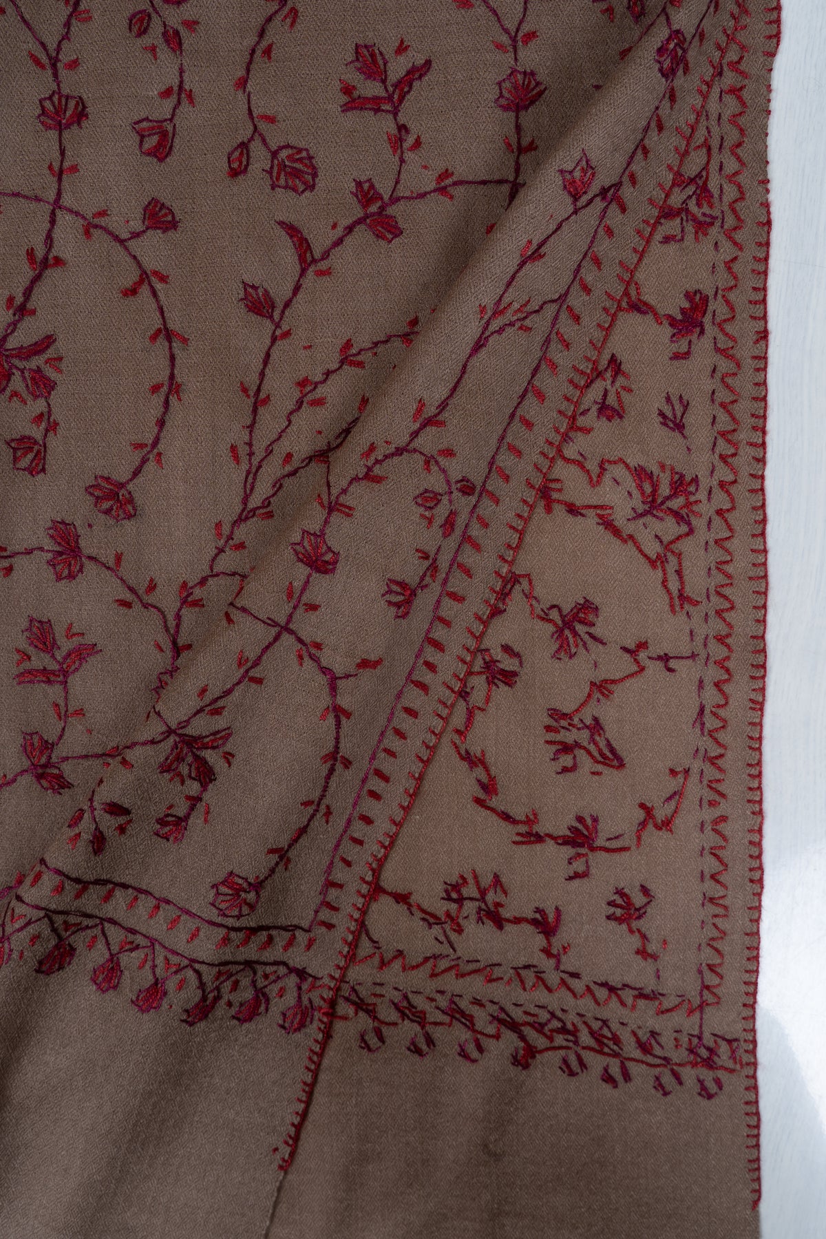 Cocoa Wine Floral Veil: Merino Wool Hand Embroidered 2.5 Yards Shawl