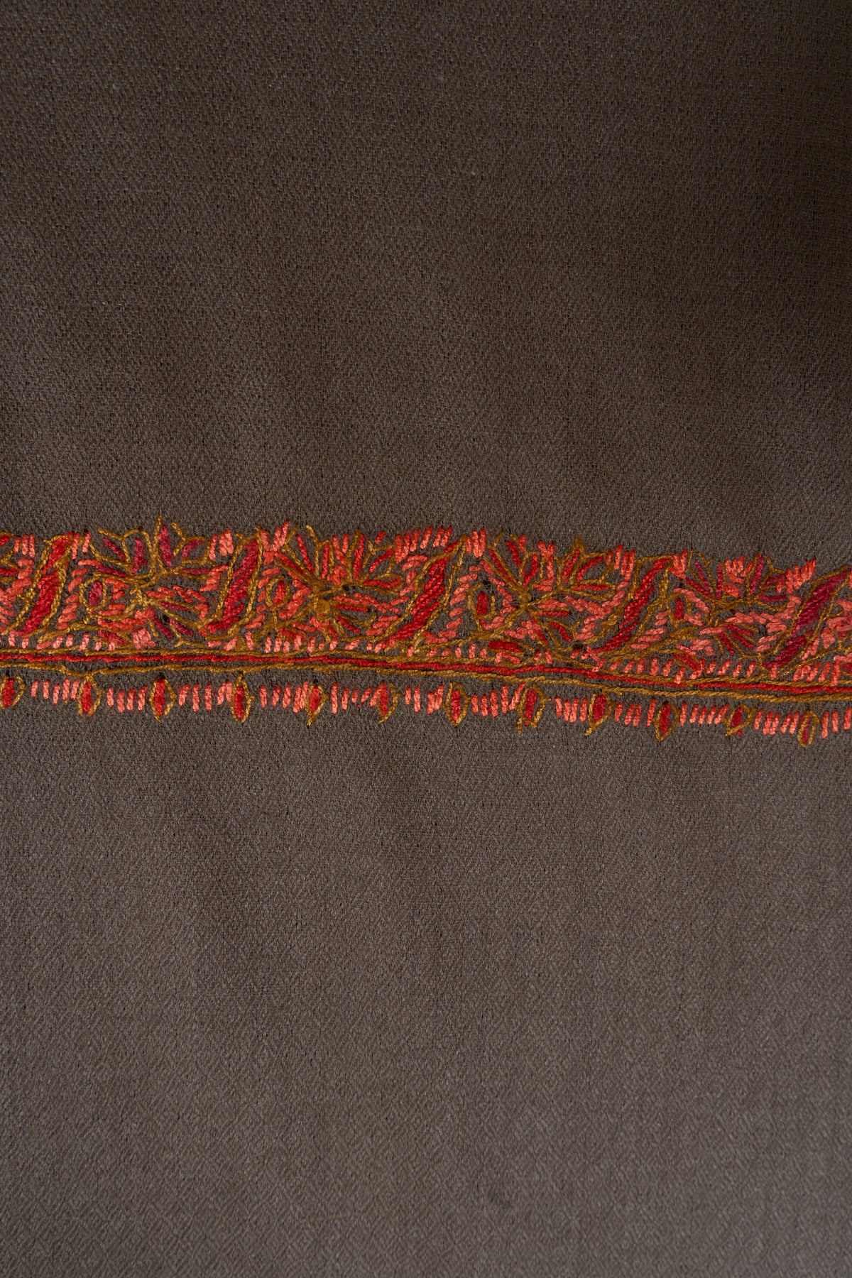 Mocha Ember Minimal Edge: Merino Wool Hand Embroidered 2.5 Yards Shawl